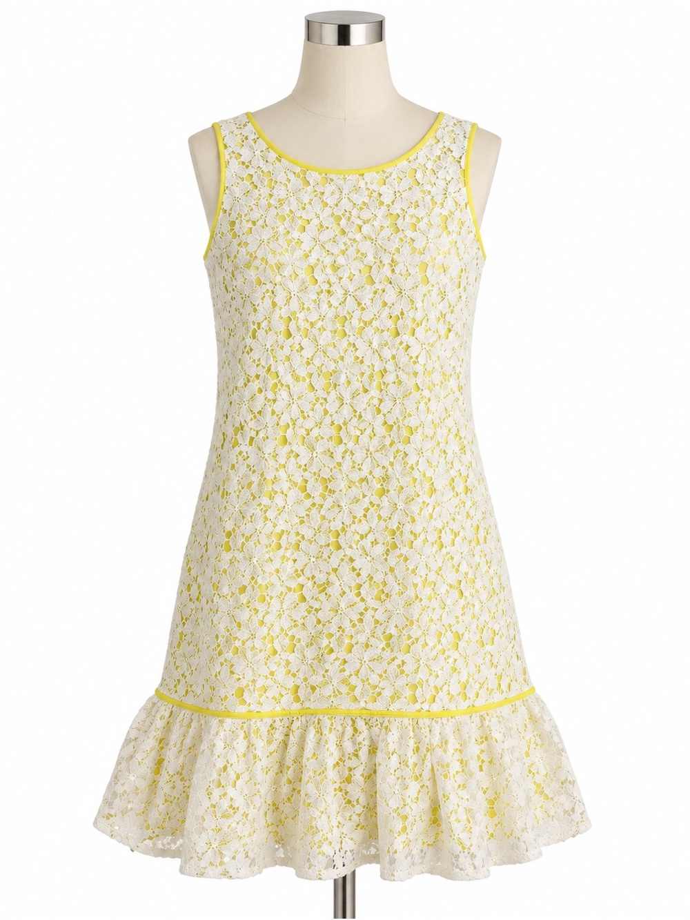 Ann Taylor LOFT Dress Womens 0 White Lace Yellow Lined Flounce Ruffle Hem Sheath